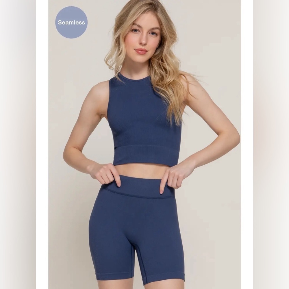 198 - Navy Sleeveless Ribbed Seamless Crop Top and Shorts Set
